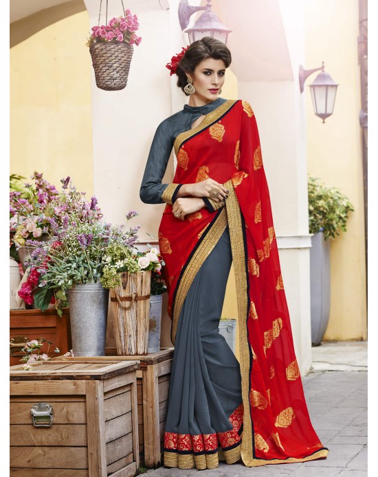 Jacquard & Georgette Red And Grey Half And Half Party Wear Saree