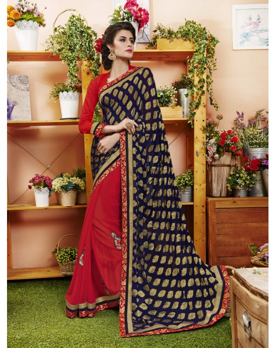 Navy Blue Jacquard And Georgette Half And Half Party Wear Saree