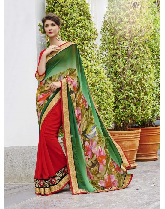 Green & Red Georgette Floral Print Half And Half Designer Saree