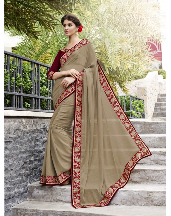 Chikoo Georgette With Glitter Half And Half Designer Saree