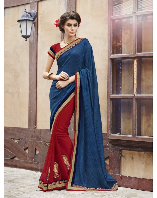 Navy Blue & Red Self Jacquard & Georgette Half And Half Designer Sarees