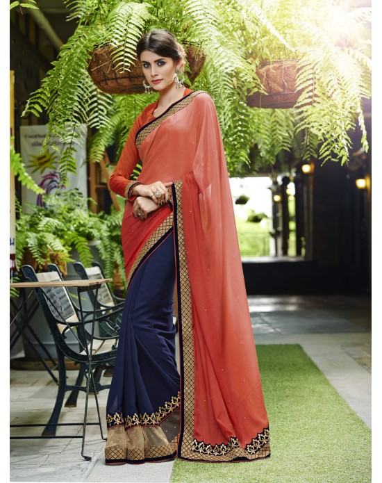 Orange & Navy Blue Satin Chiffon Half And Half Party Wear Sari