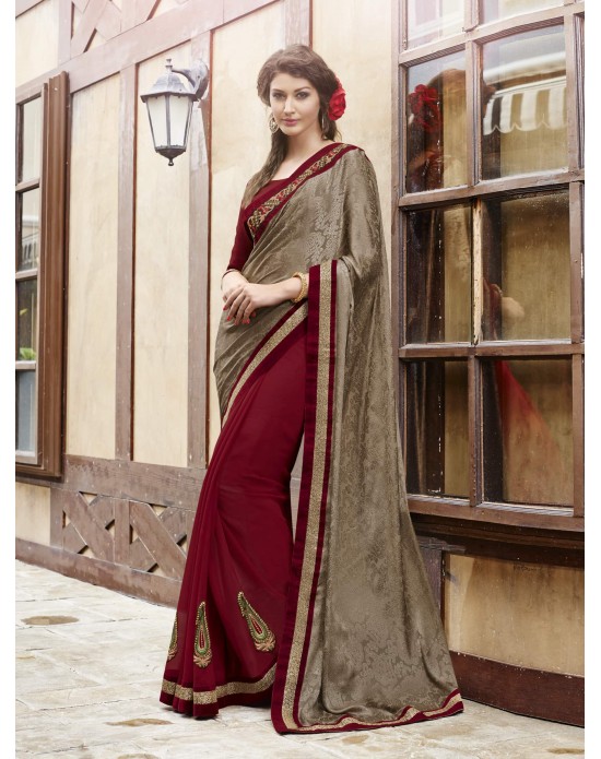 Maroon Jacquard & Georgette Half And Half Party Wear Sarees