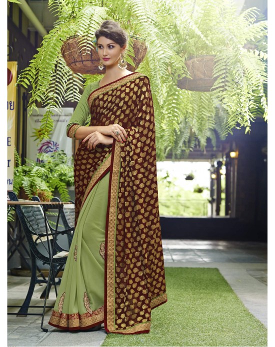 Maroon & Green Jacquard And Georgette Half And Half Party Wear Sarees