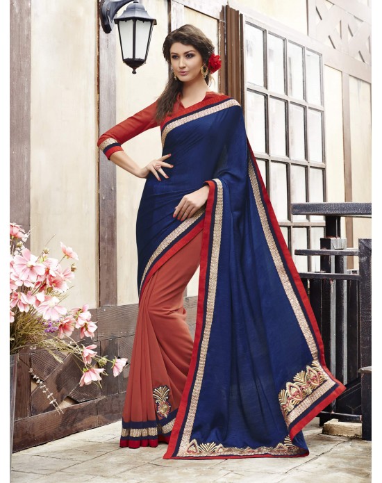 Navy Blue Self Jacquard & Georgette Half And Half Party Wear Saree