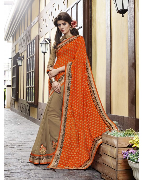 Orange & Beige Jacquard And Georgette Half And Half Designer Sarees