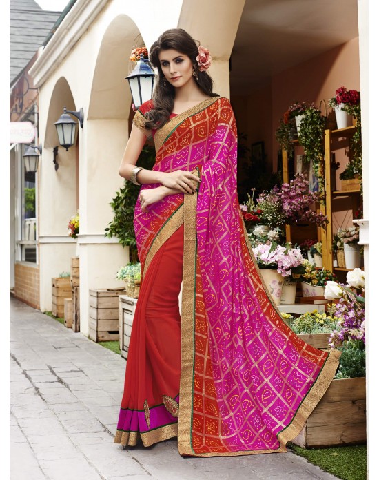 Bandhani Print Pink & Red Half And Half Party Wear Saree