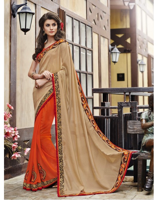 Beige & Orange Self Jacquard And Georgette Half And Half Party Wear Sarees