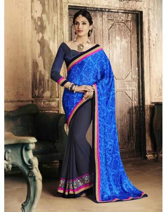 Georgette & Satin Blue Print Half And Half Designer Sari