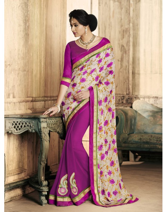 Multi Color Satin & Georgette Floral Print Half And Half Saree