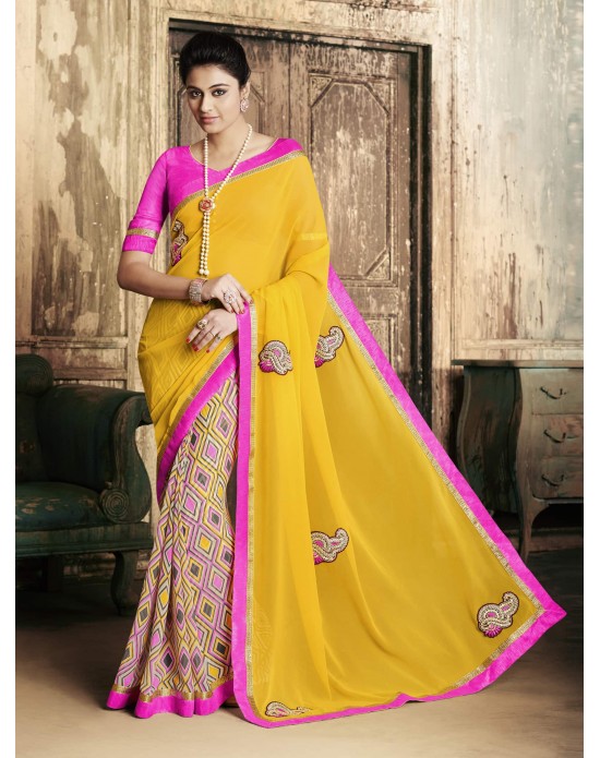 Yellow Georgette print Embroidered Half And Half Designer Sarees