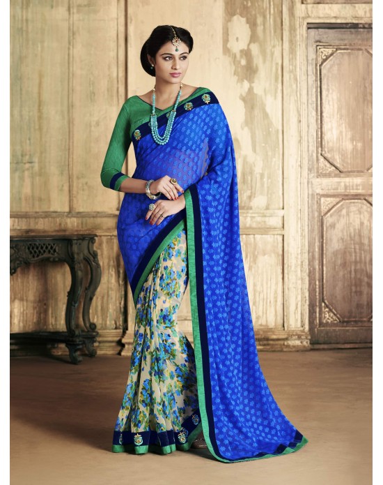 Blue Georgette Print & Jacquard Half And Half Designer Saree