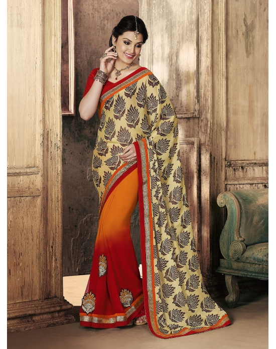 Red & chiku Satin Print & Georgette Half And Half Designer Saree