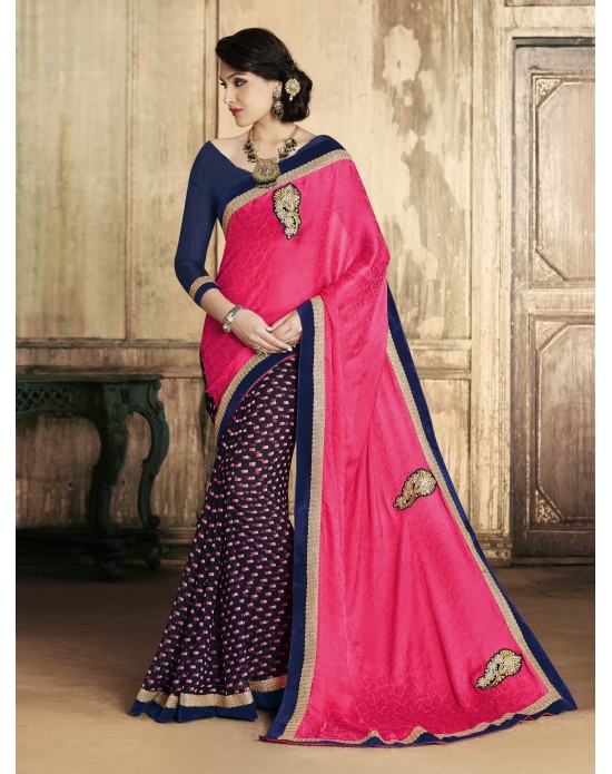 Pink Creape Jacquard & Chiffon Print Half And Half Designer Sarees