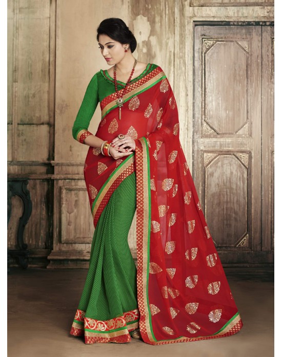 Red Leheria Georgette Print Half And Half Designer Saree