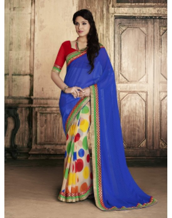 Multi color Georgette Print Half And Half Designer Sarees