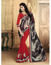 Black & red Georgette Digital Print Half And Half Designer Sari