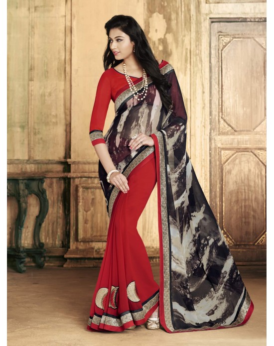 Black & red Georgette Digital Print Half And Half Designer Sari