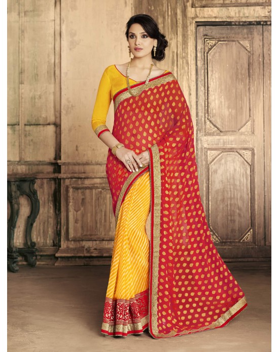 Red Viscose Jacquard & Georgette Print Half And Half Designer Saree