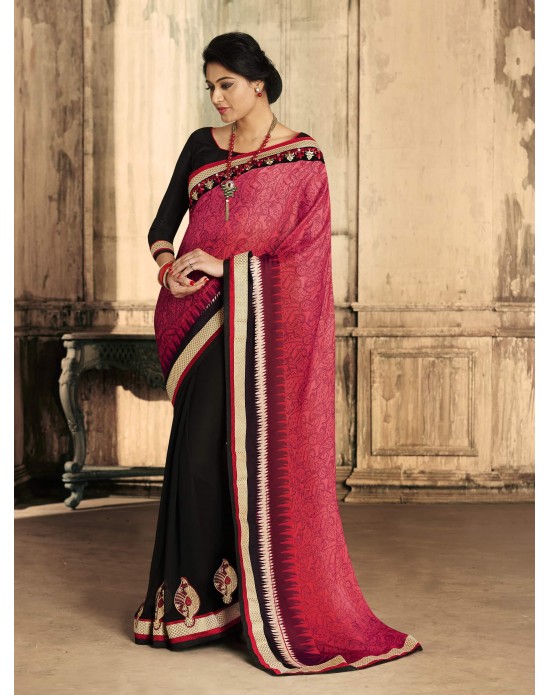 Pink Moss Print & Georgette Half And Half Designer Sarees