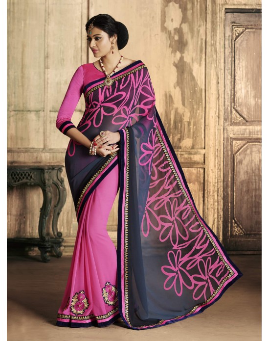 Pink & blue Printed Georgette Chiffon Half And Half Designer Sari 