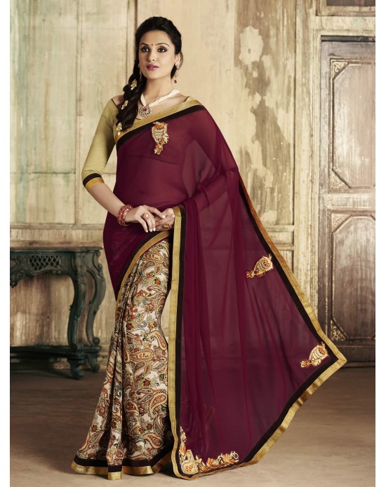 Maroon Georgette & Satin  print Half And Half Designer Saree