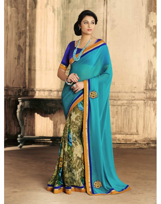 Turquoise Georgette floral Print Half And Half Designer Sarees