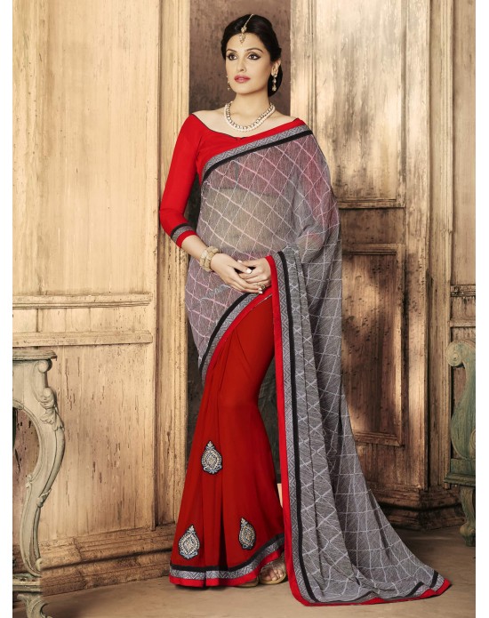 Grey Georgette Print & Georgette Half And Half Designer Sari