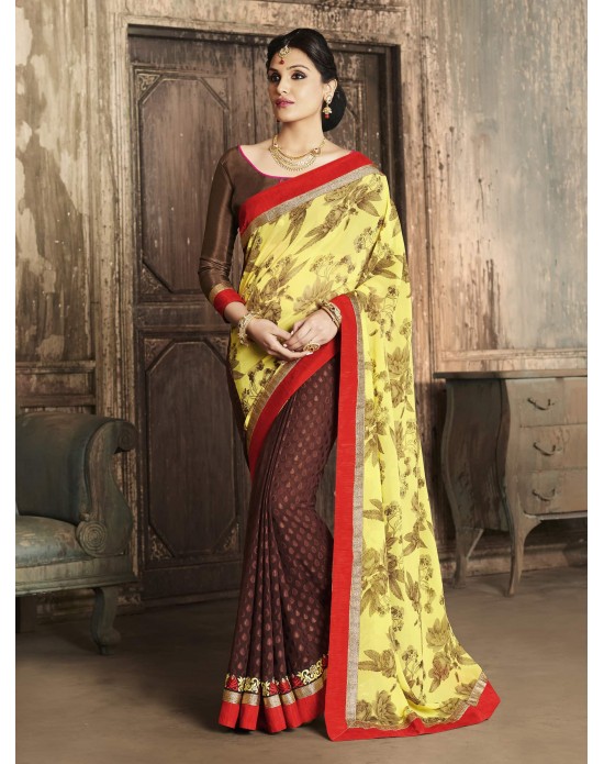 Yellow Chiffon flower Print & Georgette Jacquard Half And Half Designer Sarees