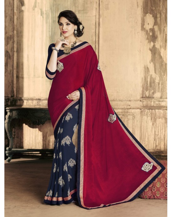 Maroon Satin Chiffon & Georgette Print Half And Half Designer Saree