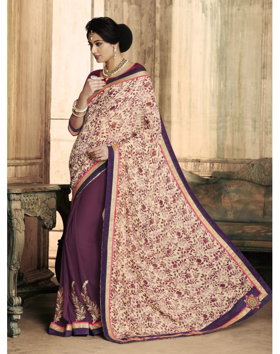 Multi Color Satin Chiffon Print & Georgette Half And Half Designer Sari