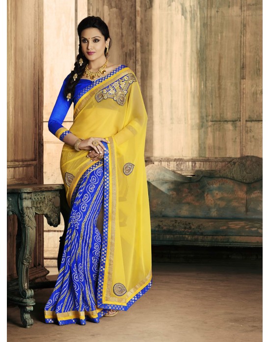 Yellow blue Georgette Bandhani Print Half And Half Embroidered Sarees