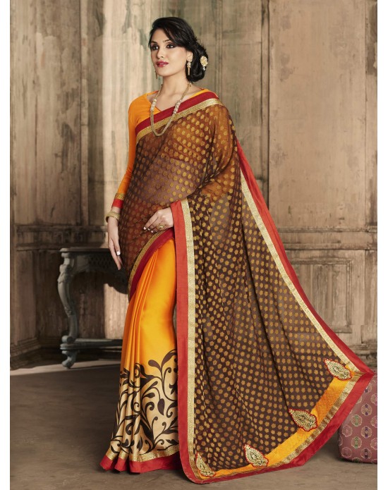 Brown Viscose Jacquard & Satin Chiffon print Half And Half Designer Sari