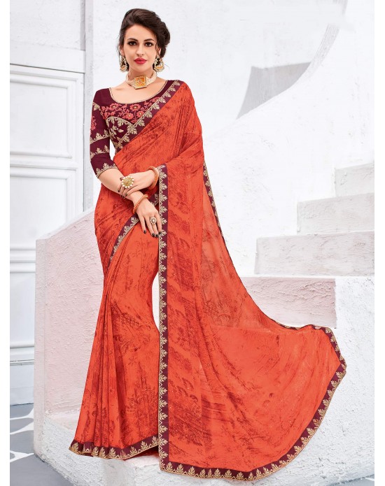 Swadeshi Saree Orange color Georgette sari