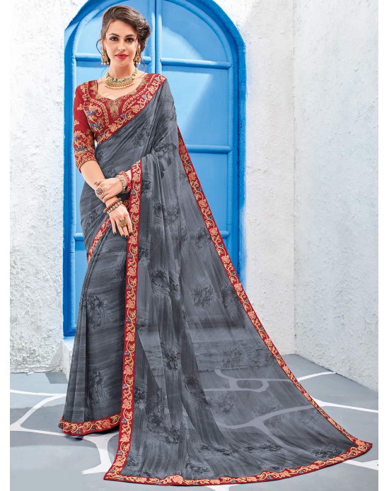 Swadeshi Saree Grey color Georgette Saree