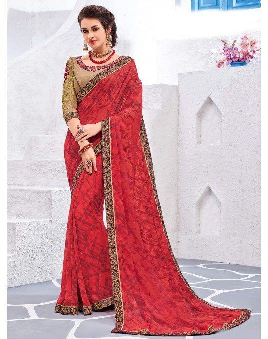 Swadeshi Saree Red color Georgette Saree