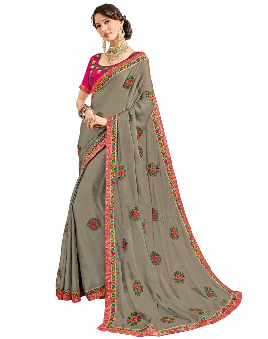 Grey color two tone silk and jacquard sari