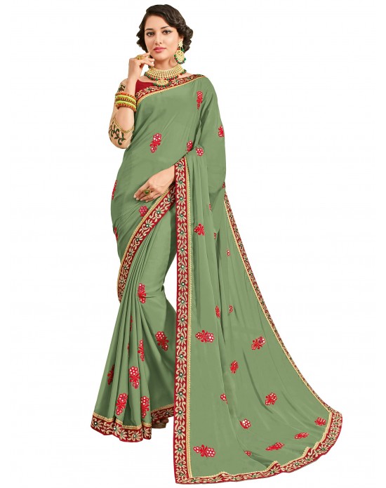 Green color moss chiffon sari