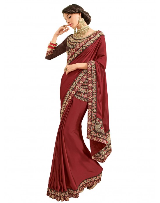 Maroon color silk fabrics sari